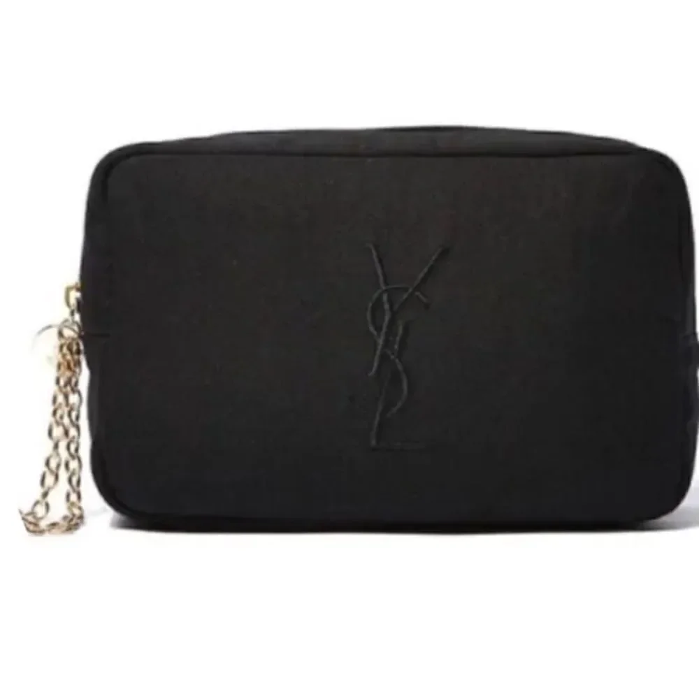 Yves Saint Laurent YSL Parfums Black Canvas Logo Wristlet/Pouch Gold Chain New - Picture 2 of 7